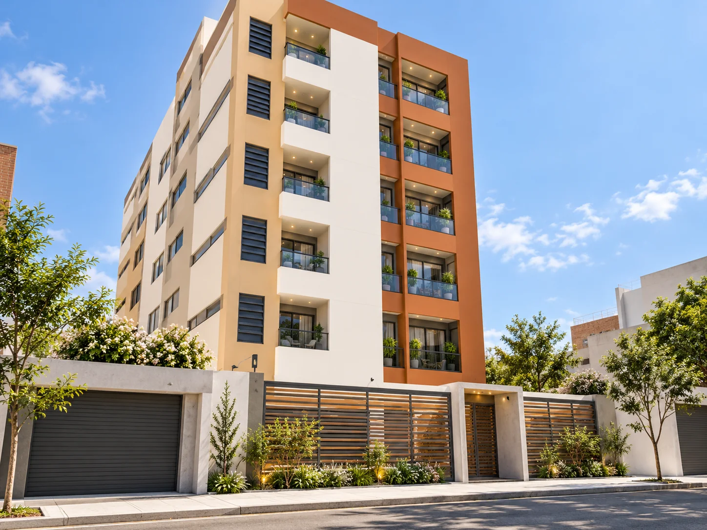 Render de edificio residencial Novacons en una calle arbolada